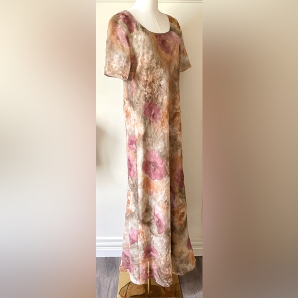 Vintage 90s Short Sleeve Bohemian Earth Tone Water‎ Colour Floral Maxi Dress - Picture 9 of 15